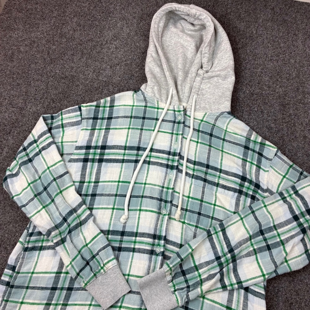 American Eagle Hooded Flannel Shirt Mens Medium Green Blue Plaid Ribbed Cuff
